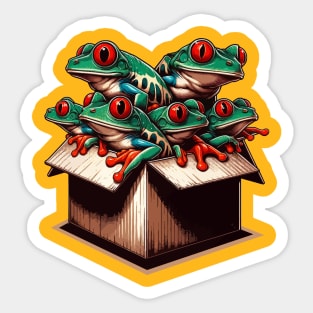 Red eye frogs inside an open box Sticker